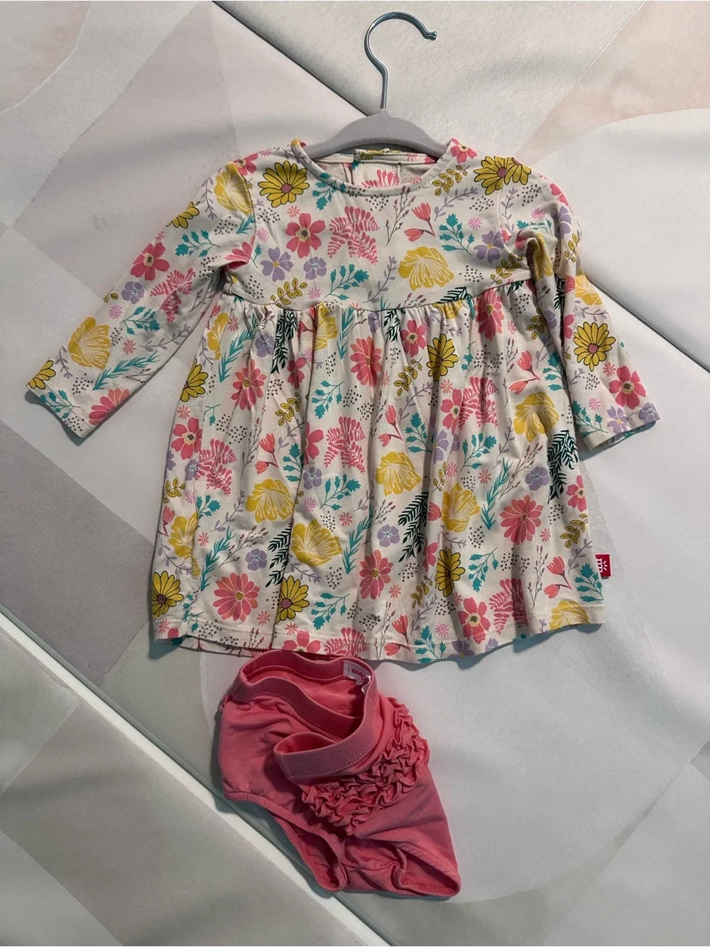 Magnetic Me Floral Long-Sleeve Dress with Coral Ruffle Bloomers